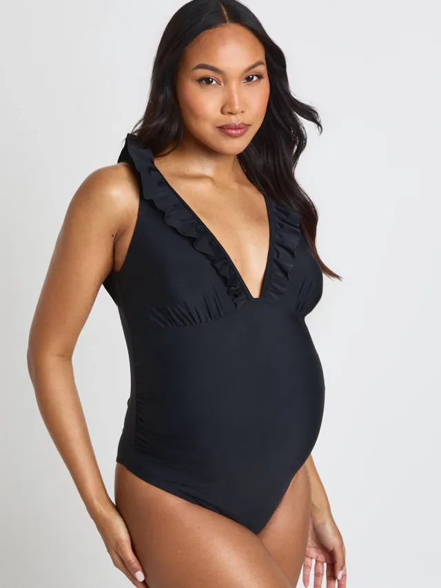 boohoo Dames Zwangerschaps Badpak Met Diepe Halslijn En Ruches Zwart