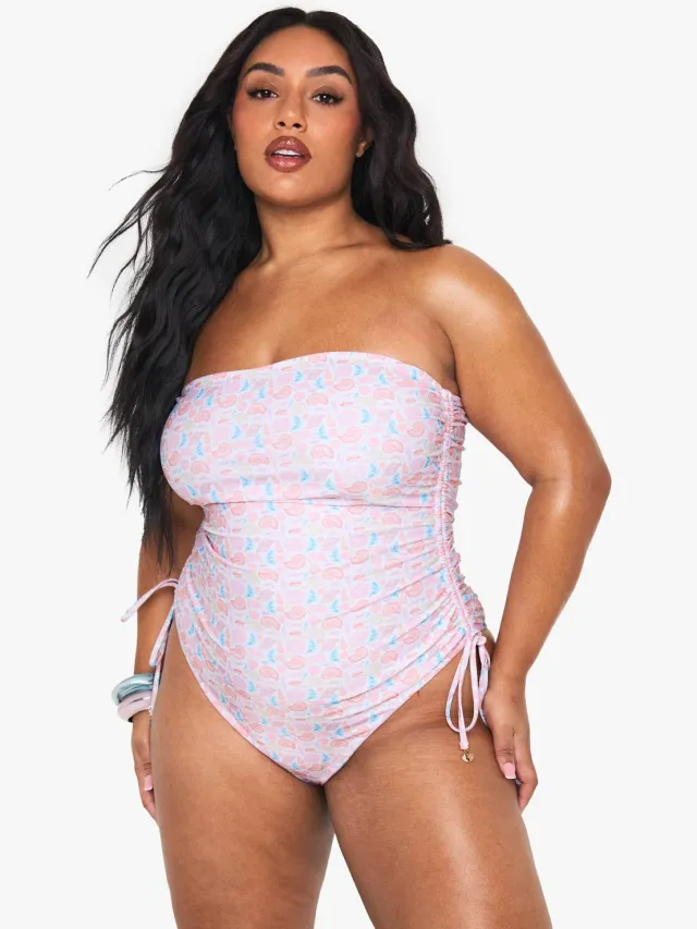 boohoo Dames Plus Schelpenprint Pareltrim Bandeau Badpak Kaki