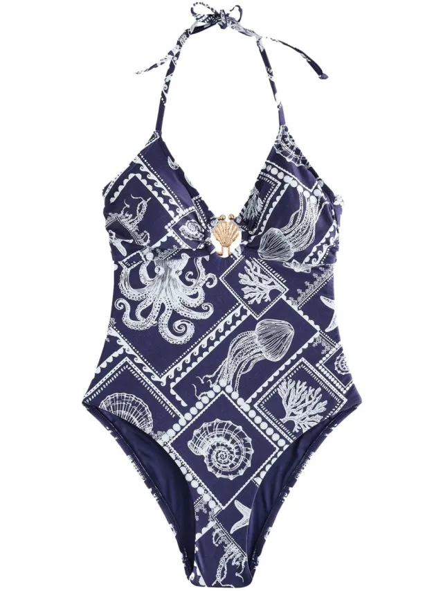 Next Dames - Diepuitgesneden badpak met halterhals - Blauw Navy Octopus