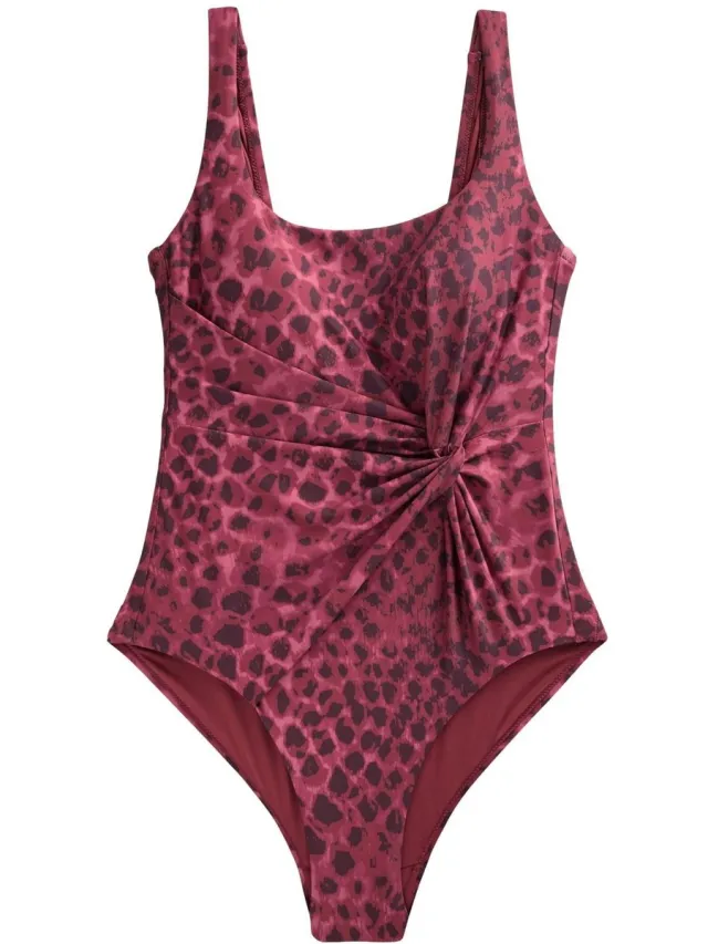 Next Dames - Buikcorrigerend badpak met gedraaide watervalhals - Paars Berry/Black Leopard