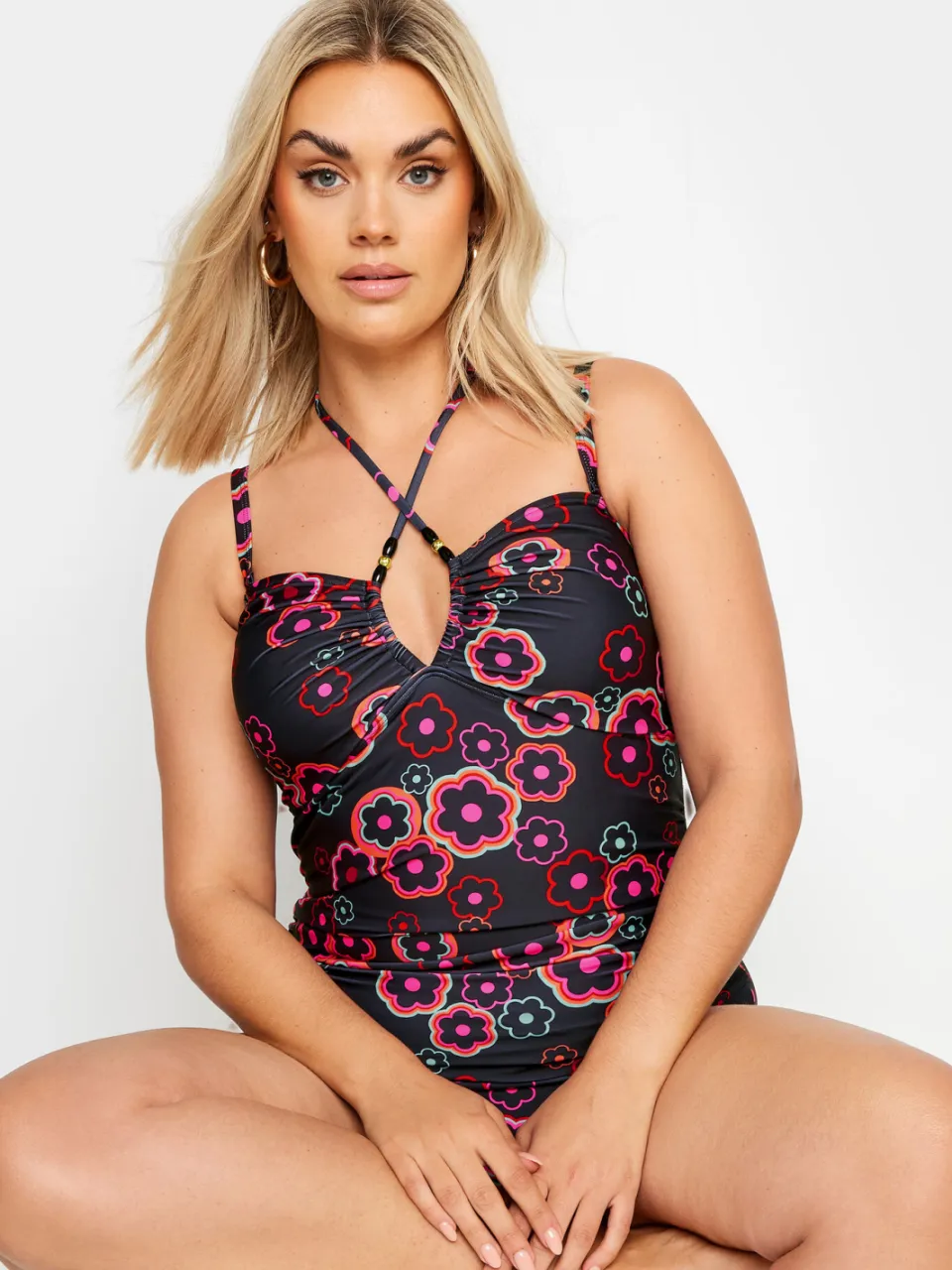 Yours Badpak Met Bloemontwerp En Halternek In Zwart/Roze Black