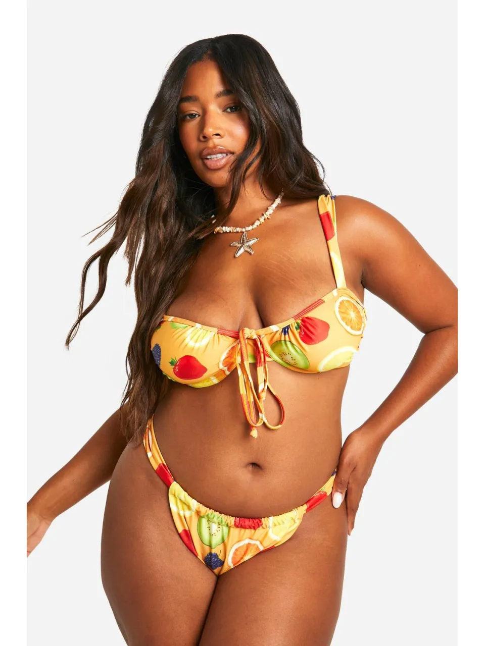 boohoo Dames Plus Fruit Print High Side Bikini Slip oranje, foto 5