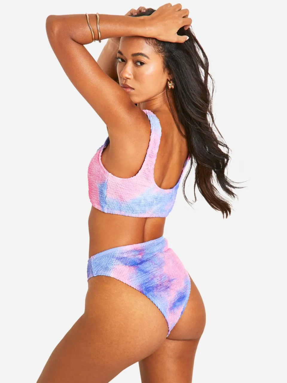 boohoo Dames Tie Dye Crinkle Hipster Bikini Slip roze, foto 2