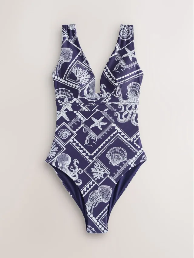 Next Dames - Buikcorrigerend badpak met lage hals - Blauw Navy Octopus