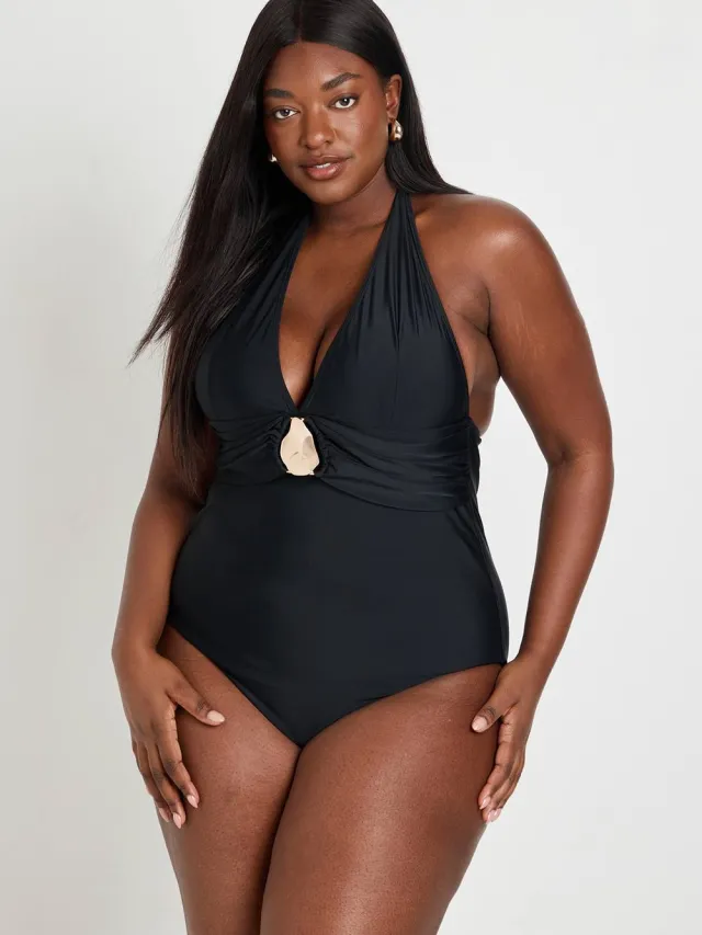 boohoo Dames Plus Badpak Met Diepe Halslijn En Goudkleurige Details, foto 3