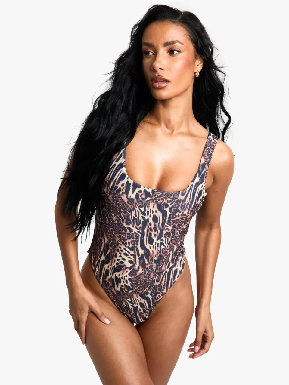 boohoo Dames Petite Zwemkleding Essentials Luipaard Vierkante Hals Badpak bruin, foto 3