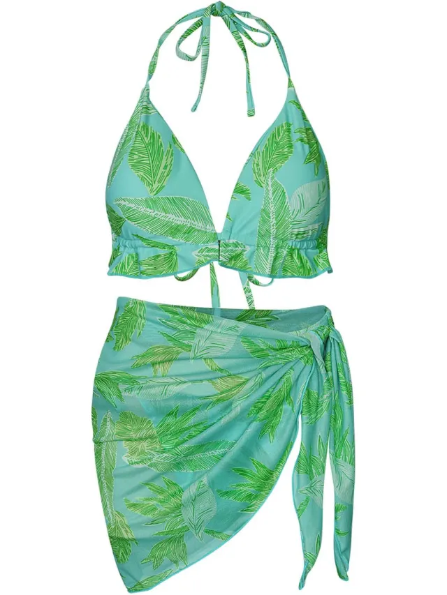 YW YEHWANG Bikini blaadjes print - groen/blauw