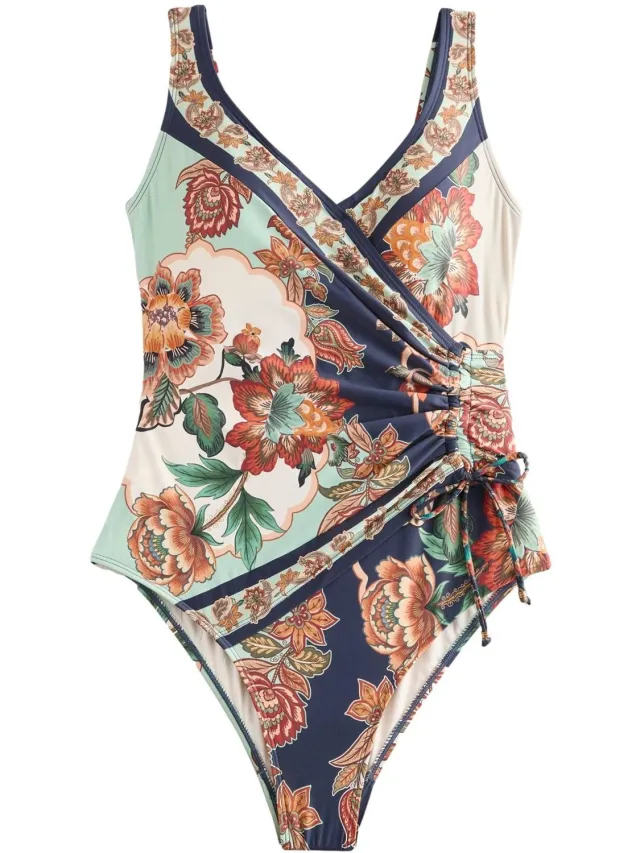 Next Dames - Vormgevend en buikcorrigerend badpak met gerimpelde zijkant - Tall - Blauw Navy/Peach Floral