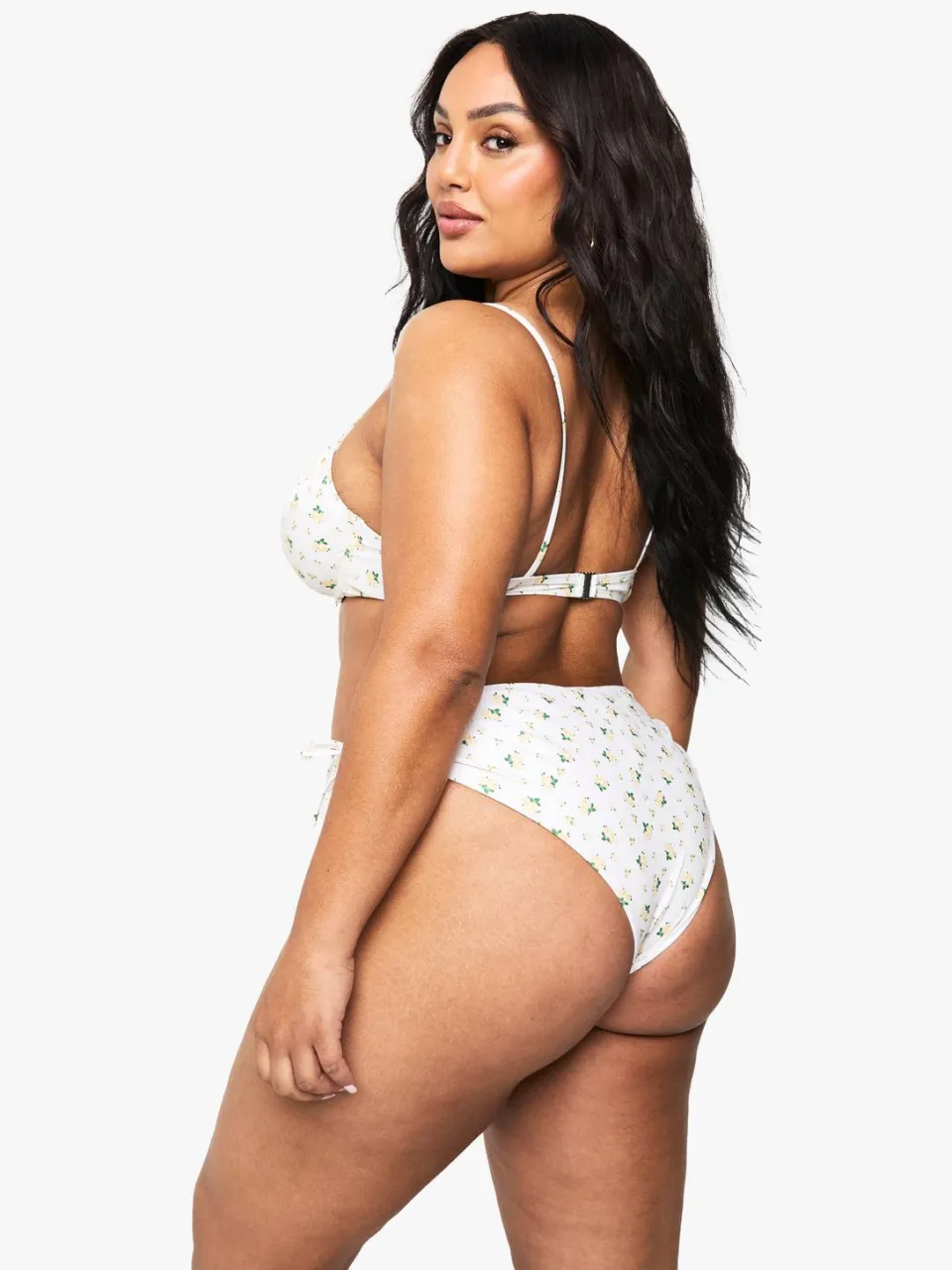 boohoo Dames Plus Ditsy Floral Gerimpte Bum Tie Zij Bikini Slip geel, foto 2
