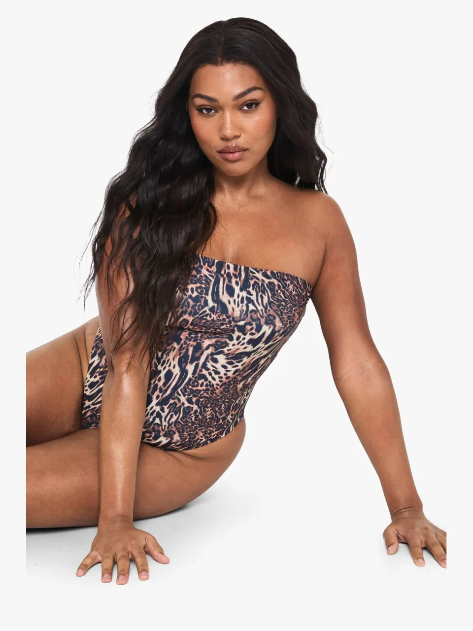boohoo Dames Plus Swimwear Essentials Luipaard Bandeau Badpak luipaardprint, foto 2