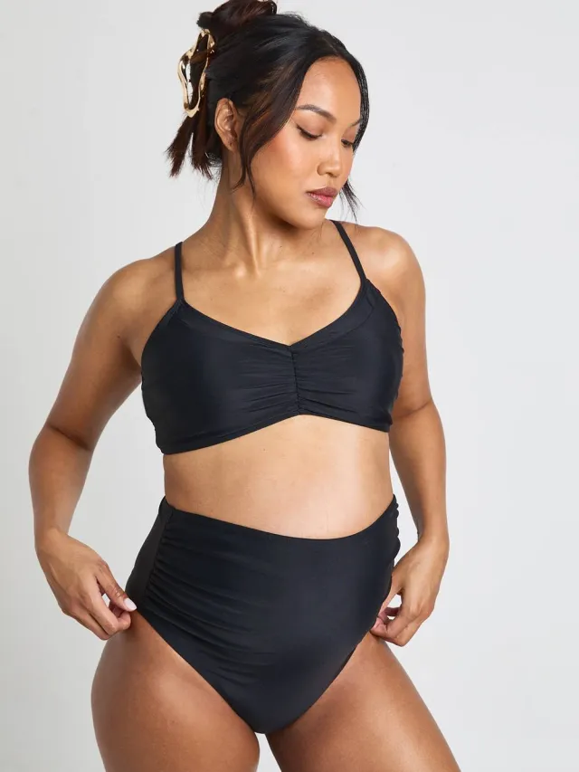boohoo Dames Zwangerschaps Hoge Taille Gerimpelde Bikinibroek Zwart