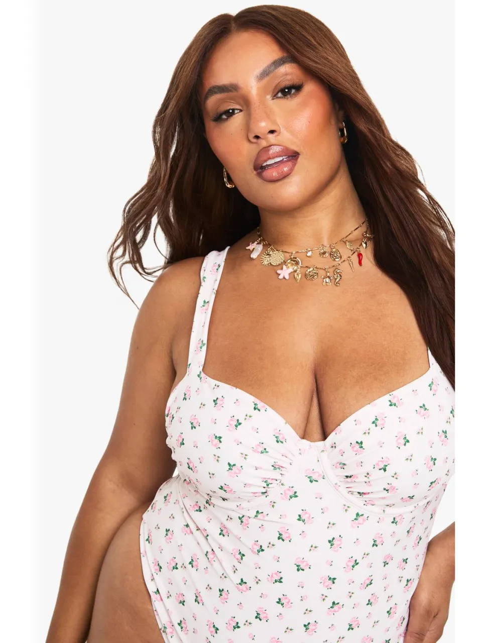 boohoo Dames Plus Zwemkleding Essentials Ditsy Floral Gerafeld Met Beugelde Cupjes Badpak roze, foto 4