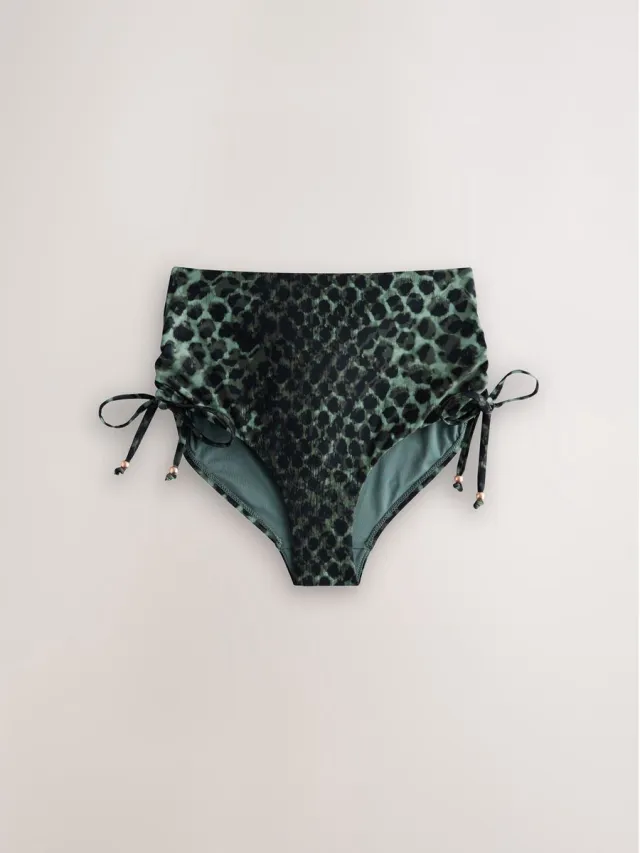 Next Dames - Bikinibroekje met hoge taille en ruches - Groen Green/Black Leopard Print
