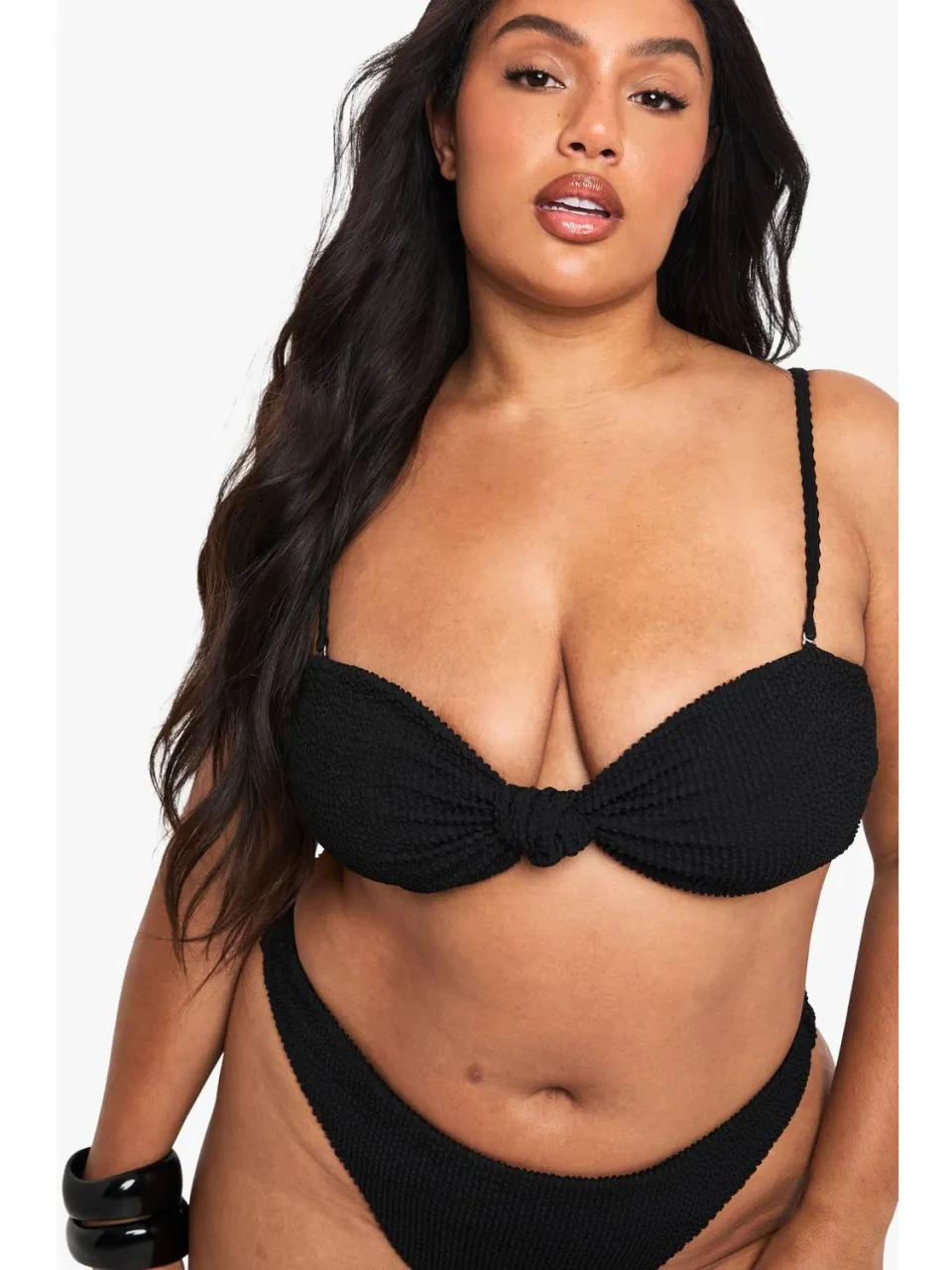 boohoo Dames Plus gerimpelde knoop-front bikini top zwart, foto 4