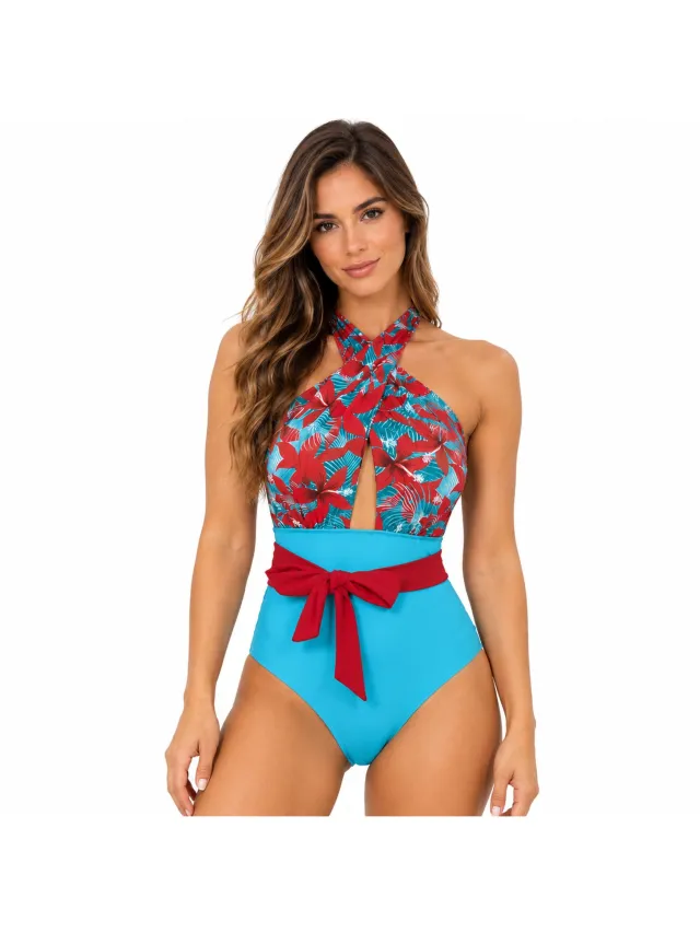 RedParrot Dames Halter Badpak – Blauw met Rood – Hoge Taille – Elegante Zwemkleding