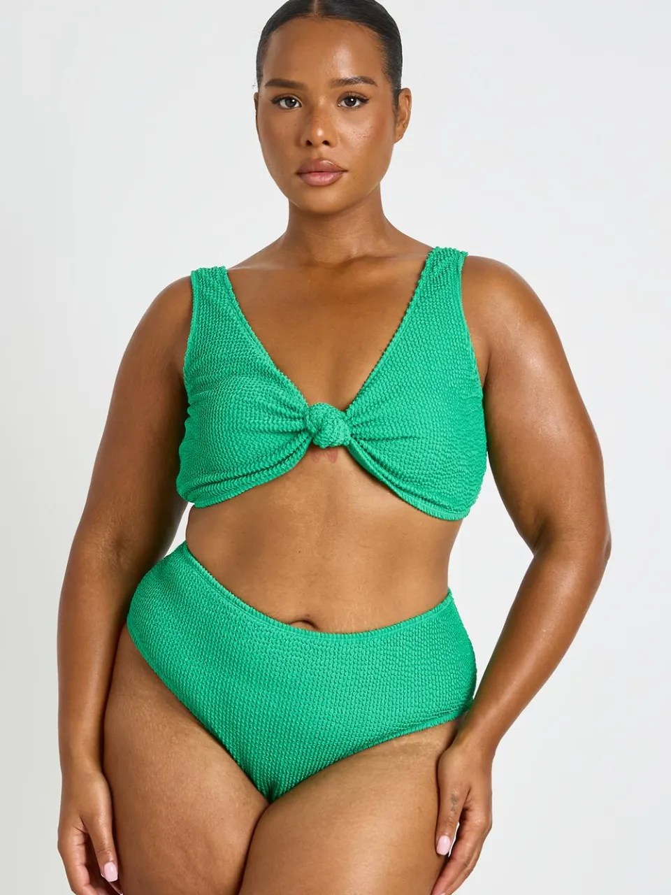 boohoo Dames Plus Crinkle Knoop Top & Hoge Taille Bikini Groente