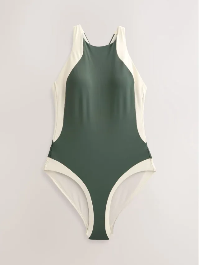 Next Dames - Buikcorrigerend halterbadpak met hooggesloten hals - Groen Khaki/Cream