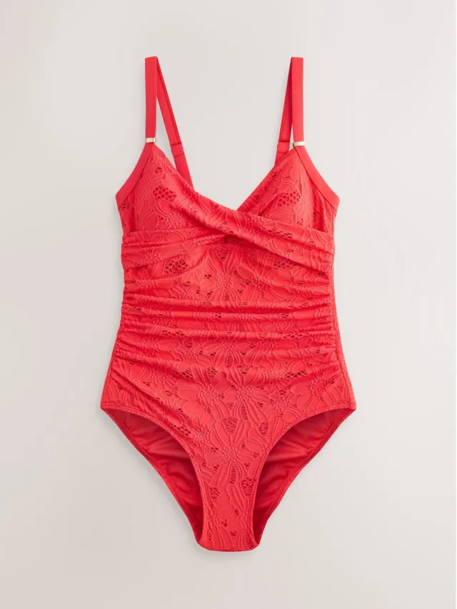 Next Dames - Vormgevend en buikcorrigerend badpak - Tall - Rood Red Broderie