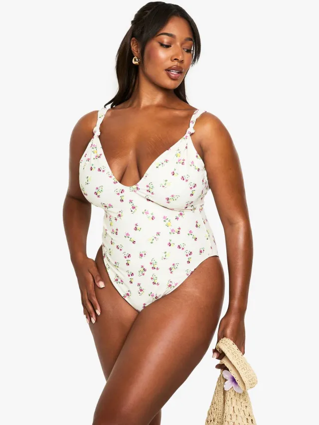 boohoo Dames PLUS GEDRUKT GEKNOOPT BADKLEDING Crème
