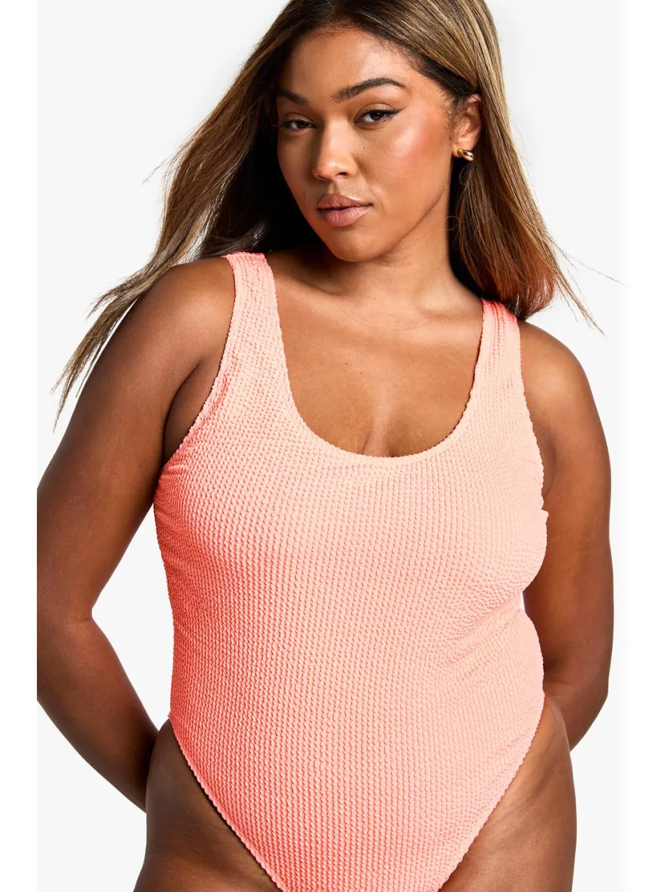 boohoo Dames Plus Crinkle Tummy Control Badpak koraal, foto 4
