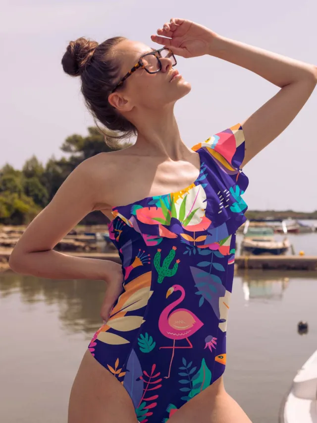 Averie dames vegan Badpak Rayne Ruffle One Piece Paars Roze