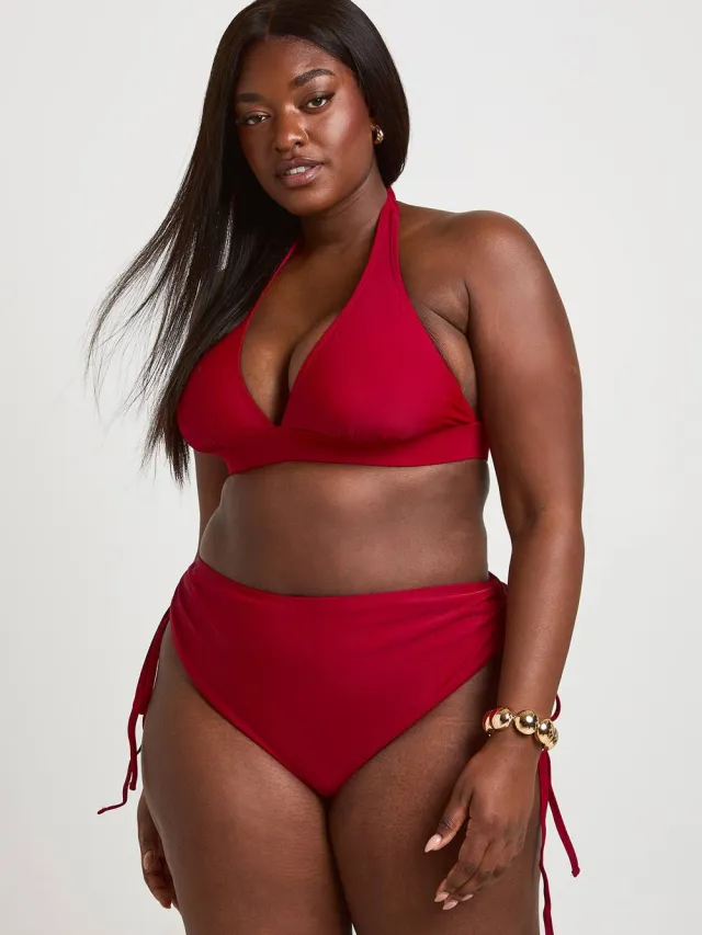 boohoo Dames Plus Buikcontrolerende Geplooid Hoge Taille Bikinibroekje Bordeaux Rood