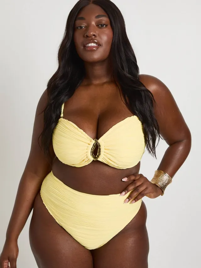 boohoo Dames Plus Getextureerde Bikini Top En Hoge Taille Bikini Broekje Set Met Gouden Afwerking Citroen
