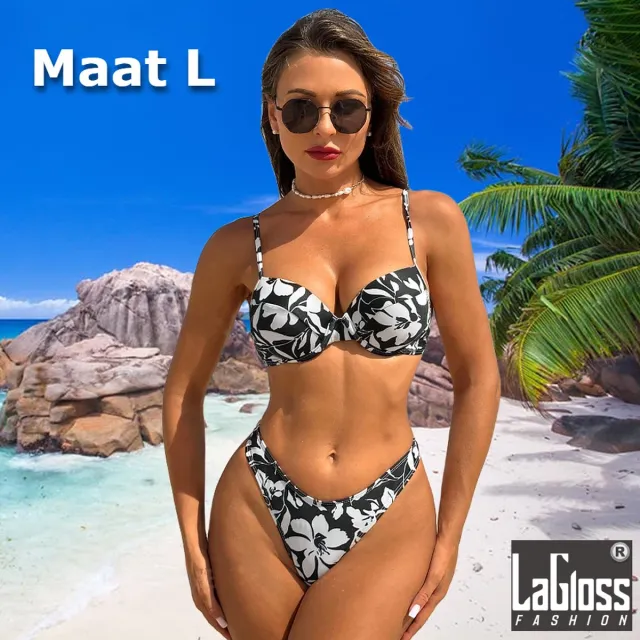 LaGloss 2-delige Zwart-Witte Bloemenprint Bikini Set - Zomer Strand- en Zwembadkleding - Maat L **