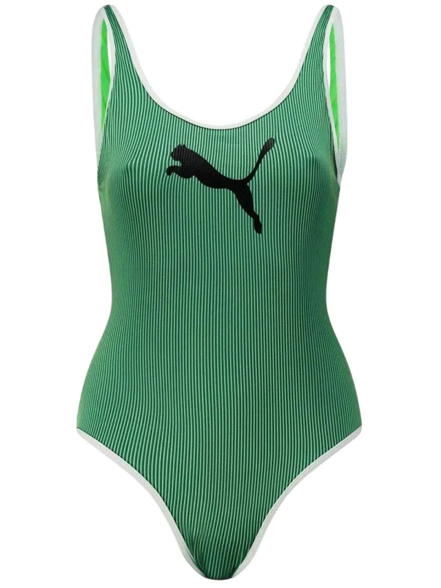 Puma Gestreepte geribbelde eendelige zwemkleding voor dames (Groen)