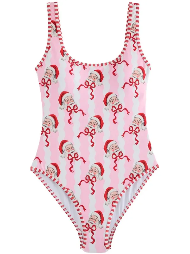 Next Dames - Buikcorrigerend badpak met watervalhals - Roze Pink/White Stripe Christmas Santa
