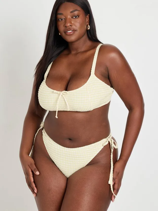boohoo Dames Plus Geruite Scoop Bikini Top & Strik Zijkant Bikini Broekje Set Citroen