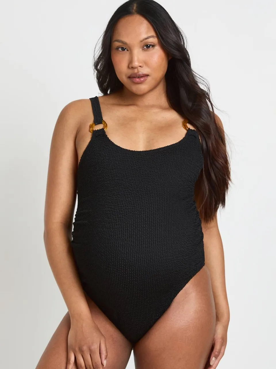 boohoo Dames Zwangerschaps Badpak Met Crinkle Structuur, Ronde Hals En Sierdetail Zwart