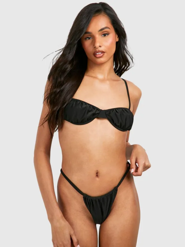 boohoo Dames Lange geraffleerde cup-detail bikiniset Zwart