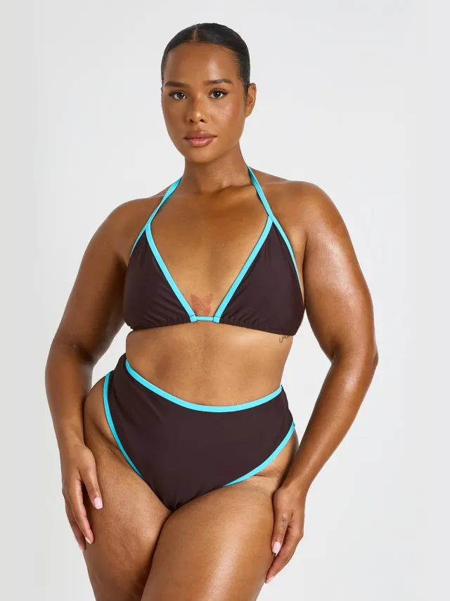 boohoo Dames Plus Contrast Driehoek & Hoge Taille Bikini Chocoladebruin