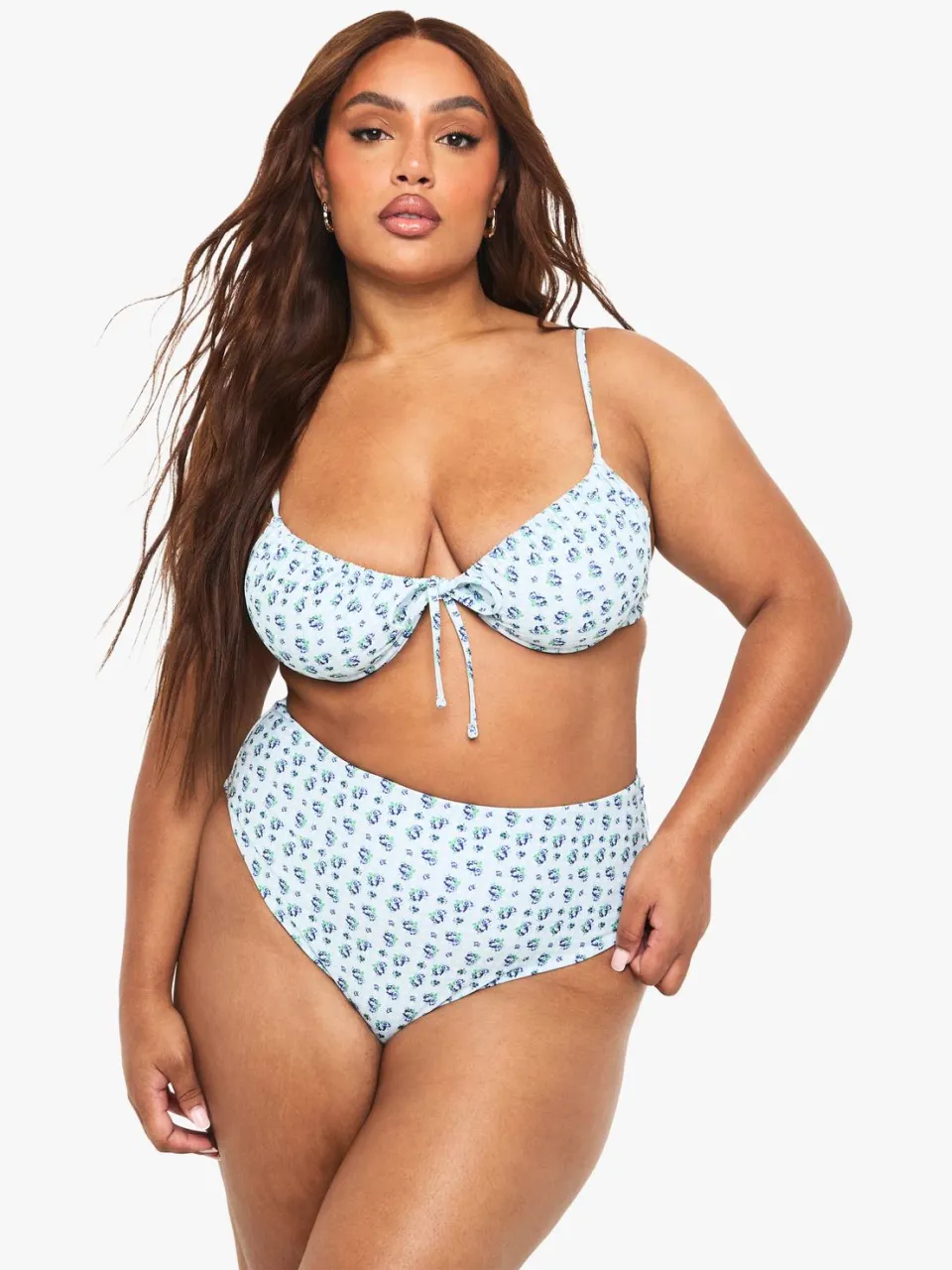 boohoo Dames Plus Gingham Floral Bikini-broek met hoge taille en zijband met strik babyblauw, foto 3