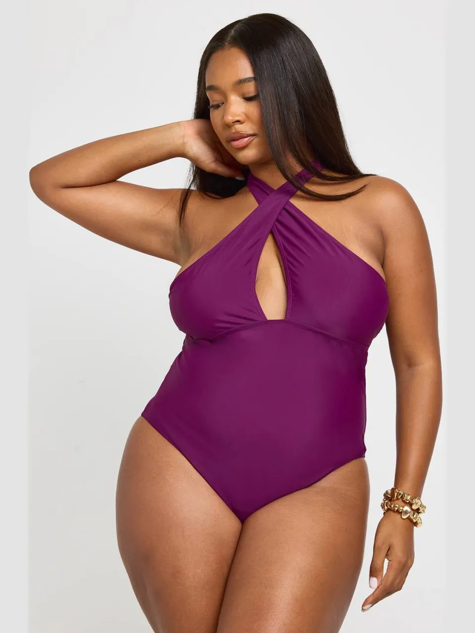boohoo Dames Plus Halter Crossover Badpak Met Keyhole Detail violet, foto 3