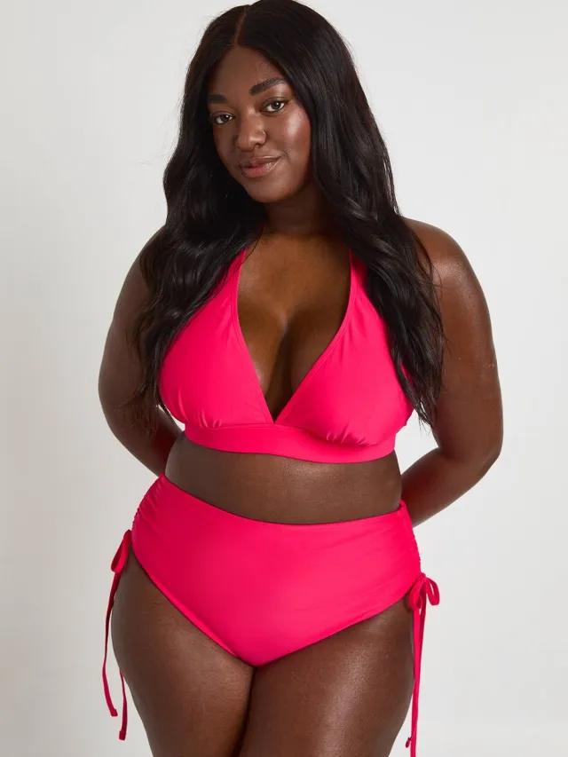 boohoo Dames Plus Buikcontrolerende Geplooid Hoge Taille Bikinibroekje Felroze