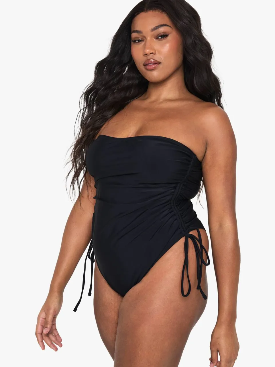 boohoo Dames Plus Zwemkleding Essentials Geraffelde Buikcontrole Badpak zwart, foto 3