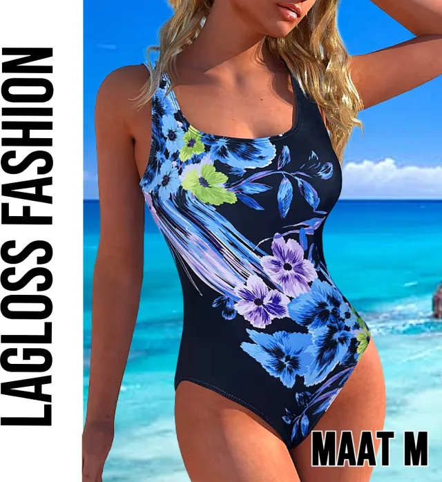 LaGloss Dames Badpak Bloemenprint Blauw Zwart met Vierkante Halslijn – Zwempak – Beach Fashion – Strandmode – Zomer/Lente –