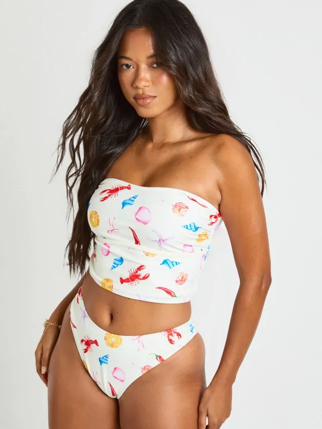 boohoo Dames Oceaanprint Tankini Bikinitop En Hoge Pijp Bikinislip Crème