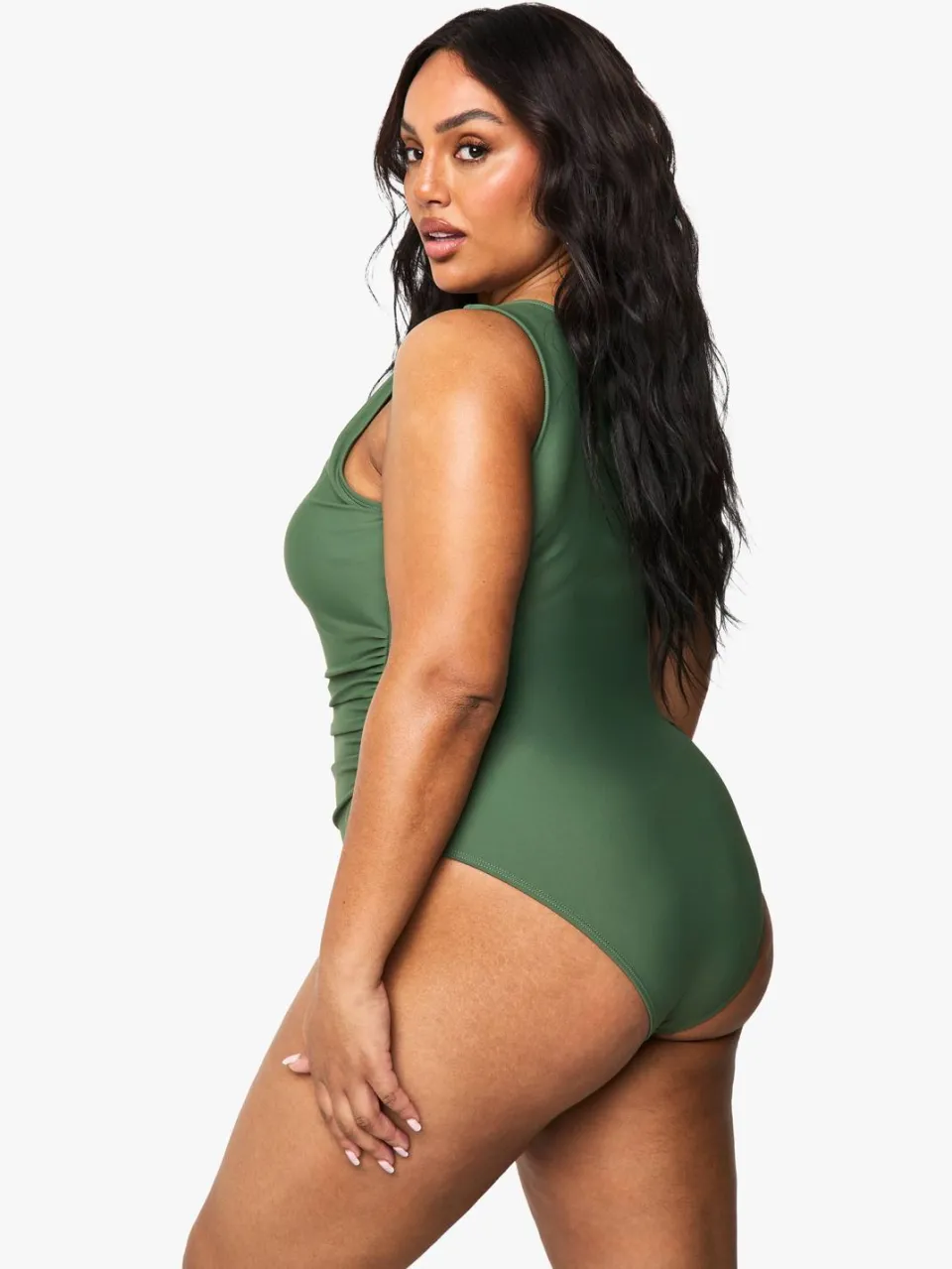 boohoo Dames Plus Tummy Control een-schouder badpak kaki, foto 2