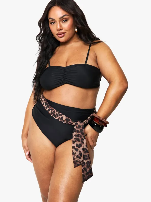 boohoo Dames Plus gerimpelde afneembare bandriem bandeau bikini top Zwart