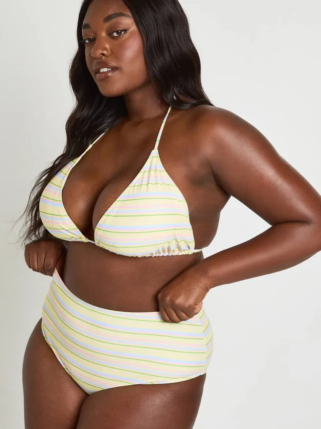 boohoo Dames Plus Gestreepte Driehoek Bikinitop En Hoge Taille Bikinibroekje Set citroen, foto 3