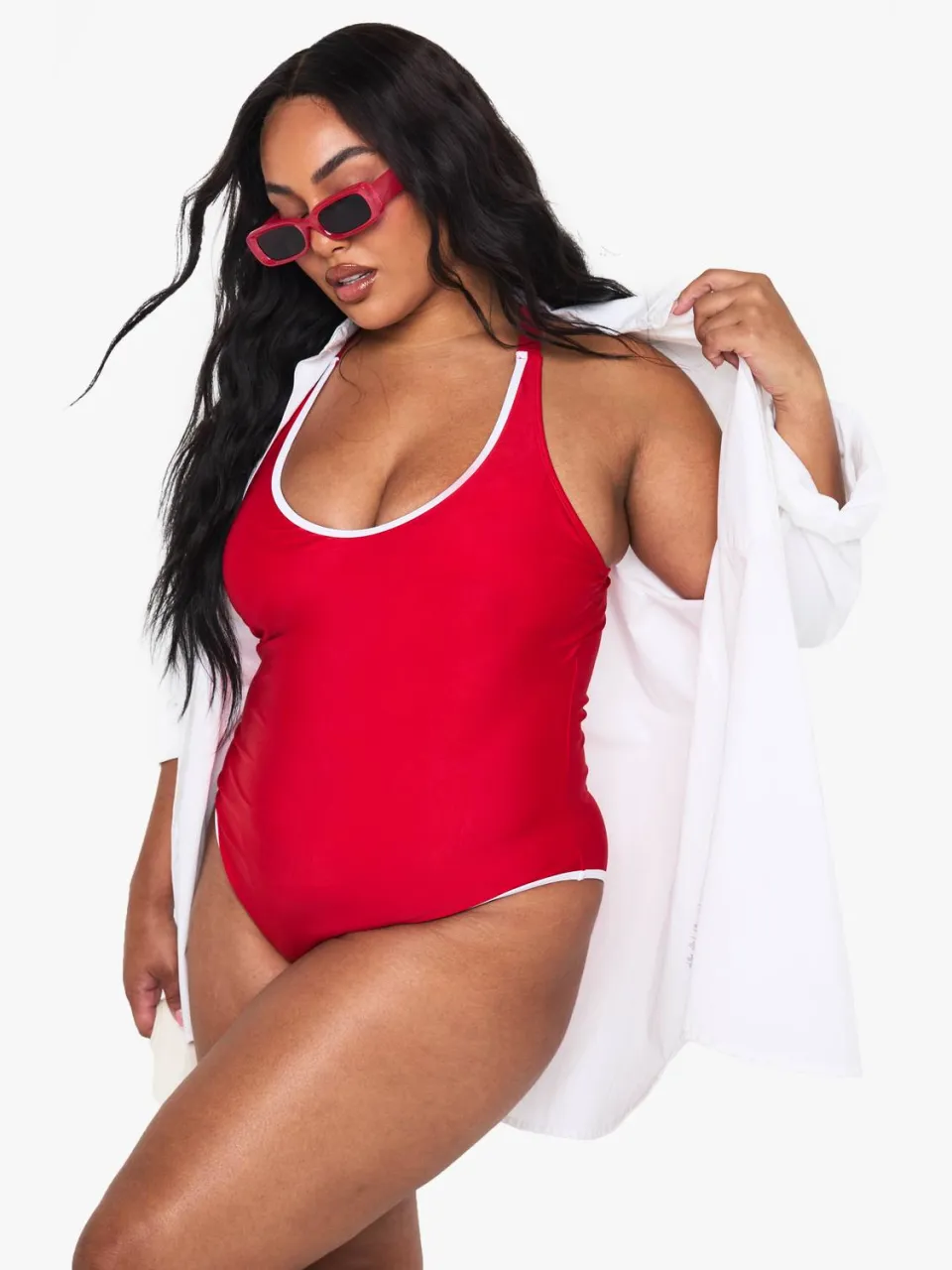 boohoo Dames Plus Contrast Binding Badpak rood, foto 3