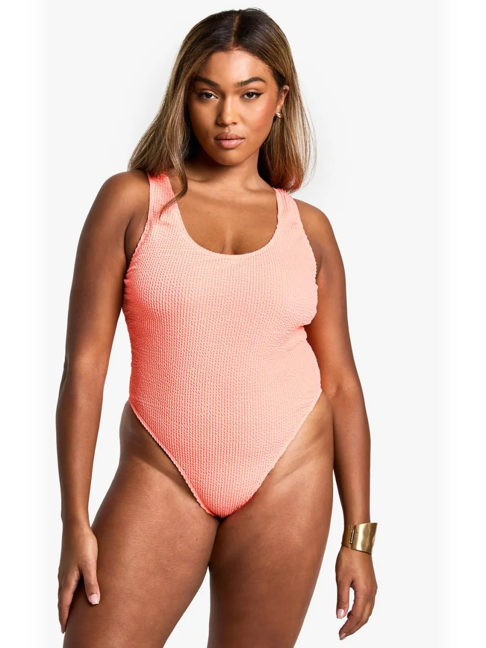 boohoo Dames Plus Crinkle Tummy Control Badpak Koraal