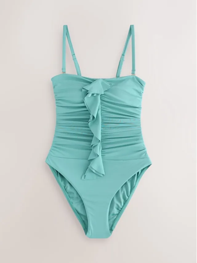 Next Dames - Buikcorrigerend bandeaubadpak met print en franje - Blauw Turquoise Blue