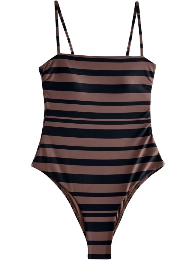 Next Dames - Gestreept badpak met rechthoekige halslijn - Bruin Black/Brown