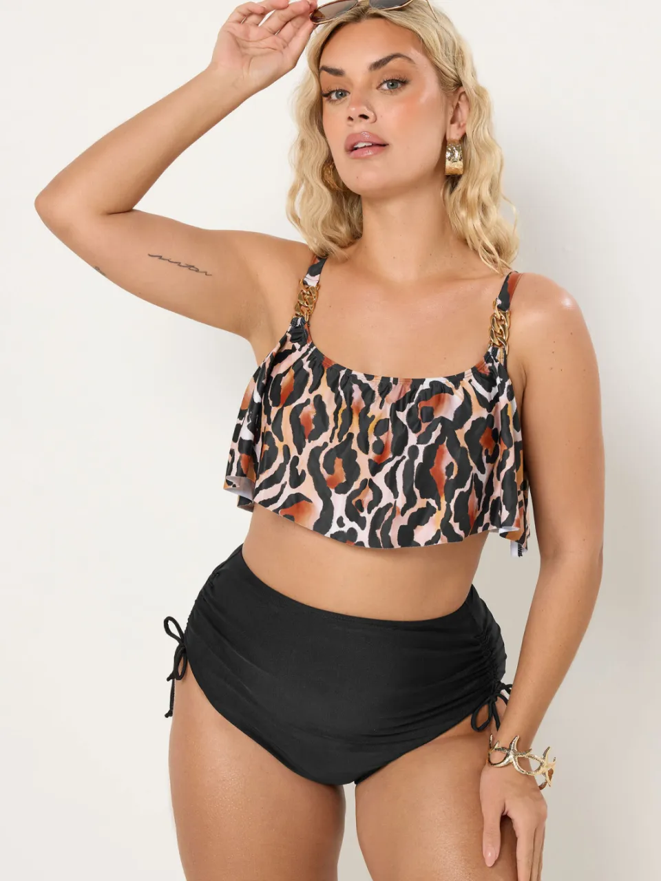 Yours Bruine Bikinitop Met Luipaardprint En Ruches Brown
