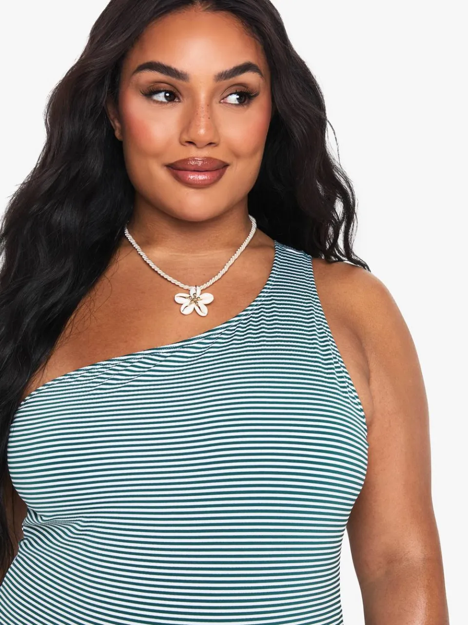 boohoo Dames Plus Seersucker gestreept een-schouder badpak groente, foto 4