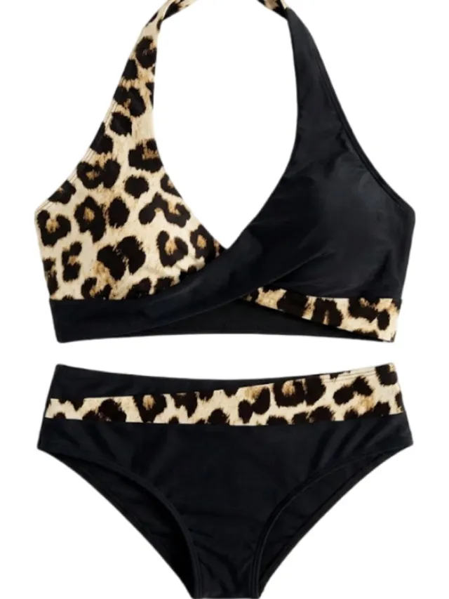 NUVEX Zwart beige bikini set dames halter bikini zwempakset met luipaard print en gekruiste details hoge taille bikini broekje 2 delige strandkleding vakantie zwemkleding